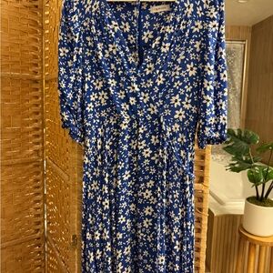 Calvin Klein Blue and White Floral Wrap Midi Dress